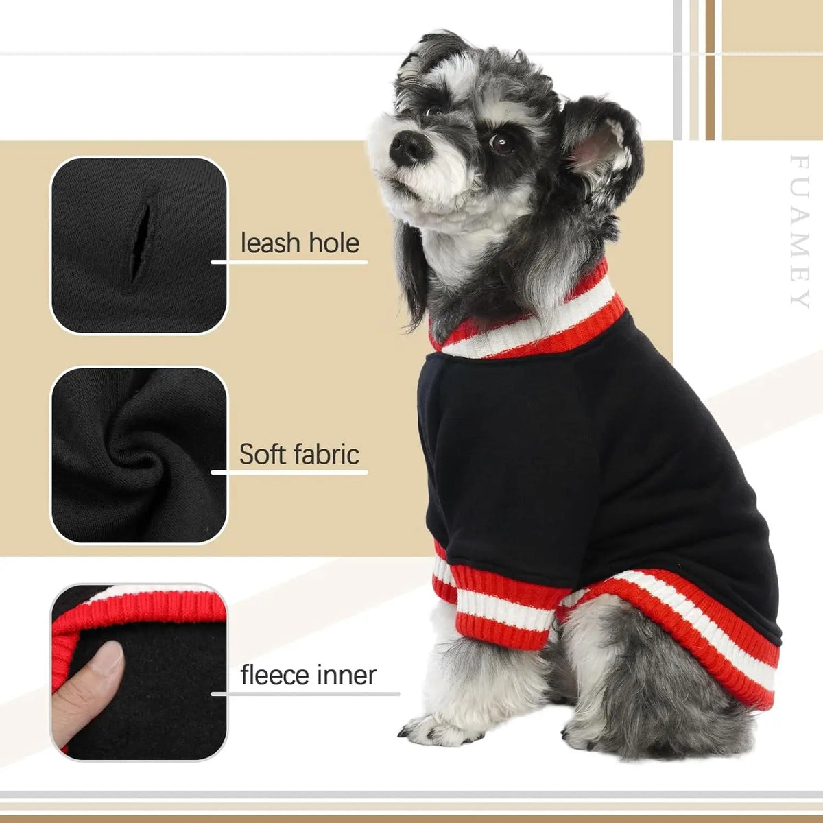 Black dog fleece pullover hoodie with red striped rib trim and leash hole