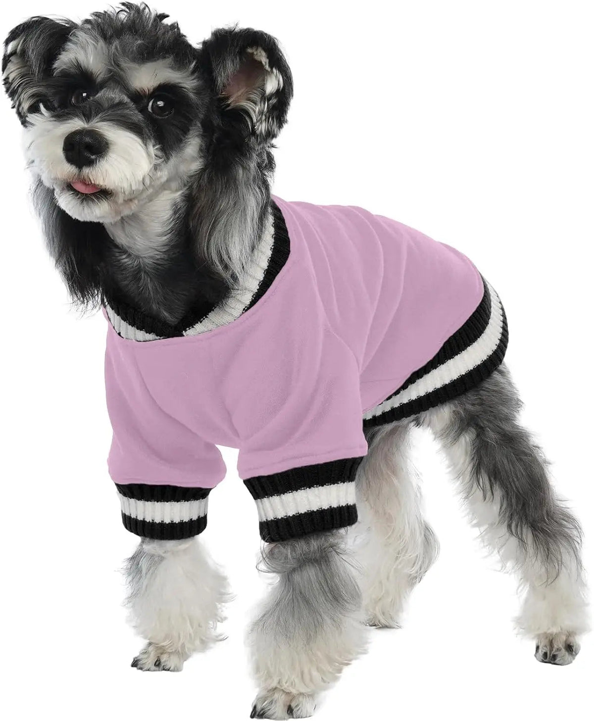 Lavender dog winter fleece pullover hoodie with black and white striped rib cuffs