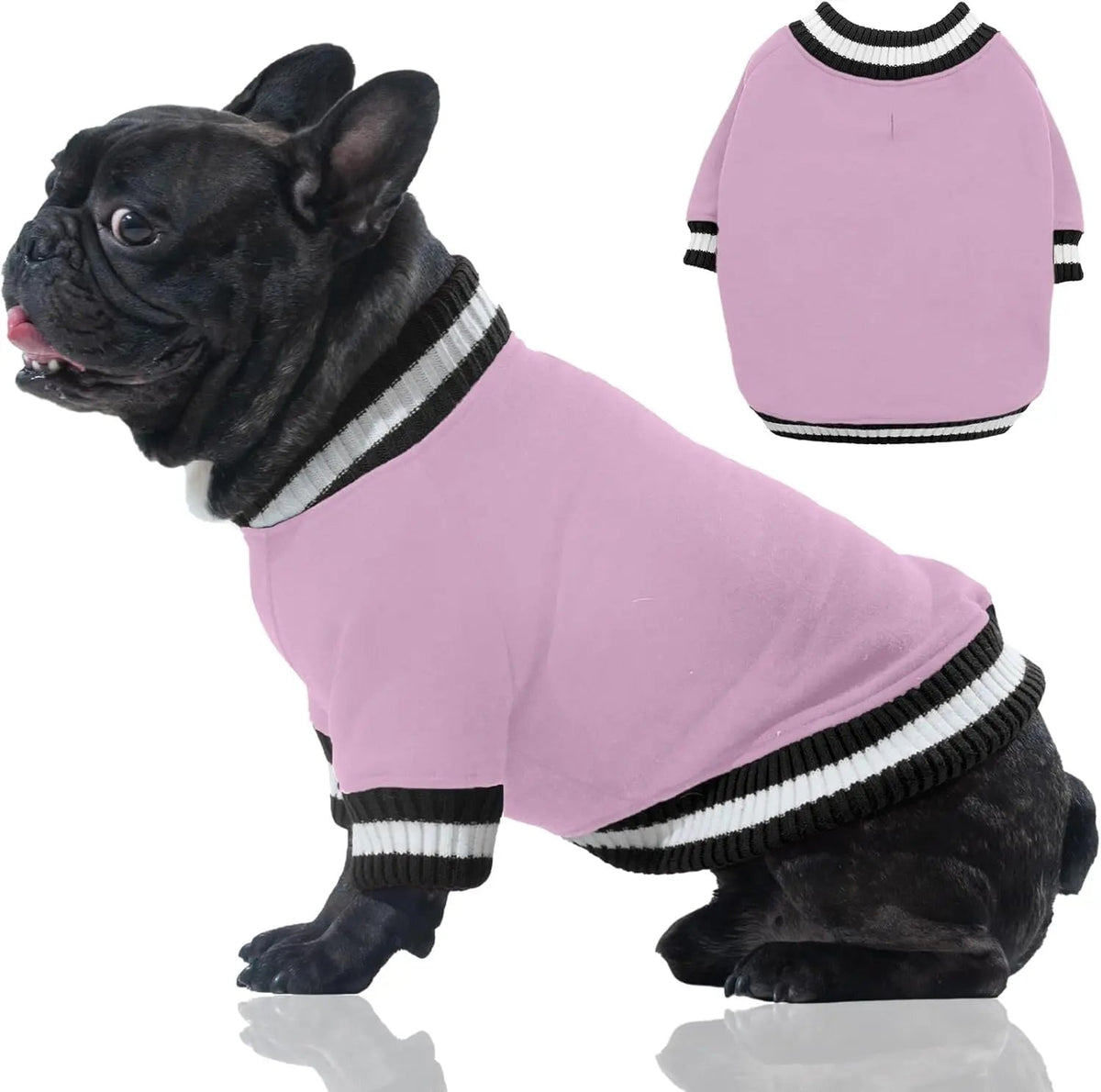 Lavender dog pullover hoodie with black striped neckline and ribbed sleeve hems