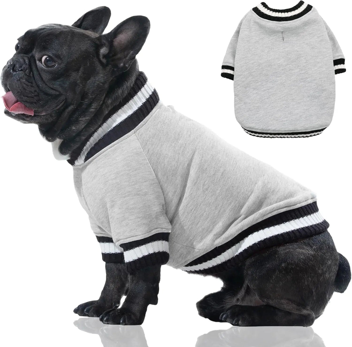 Grey dog winter fleece pullover hoodie with black striped collar and cuffs