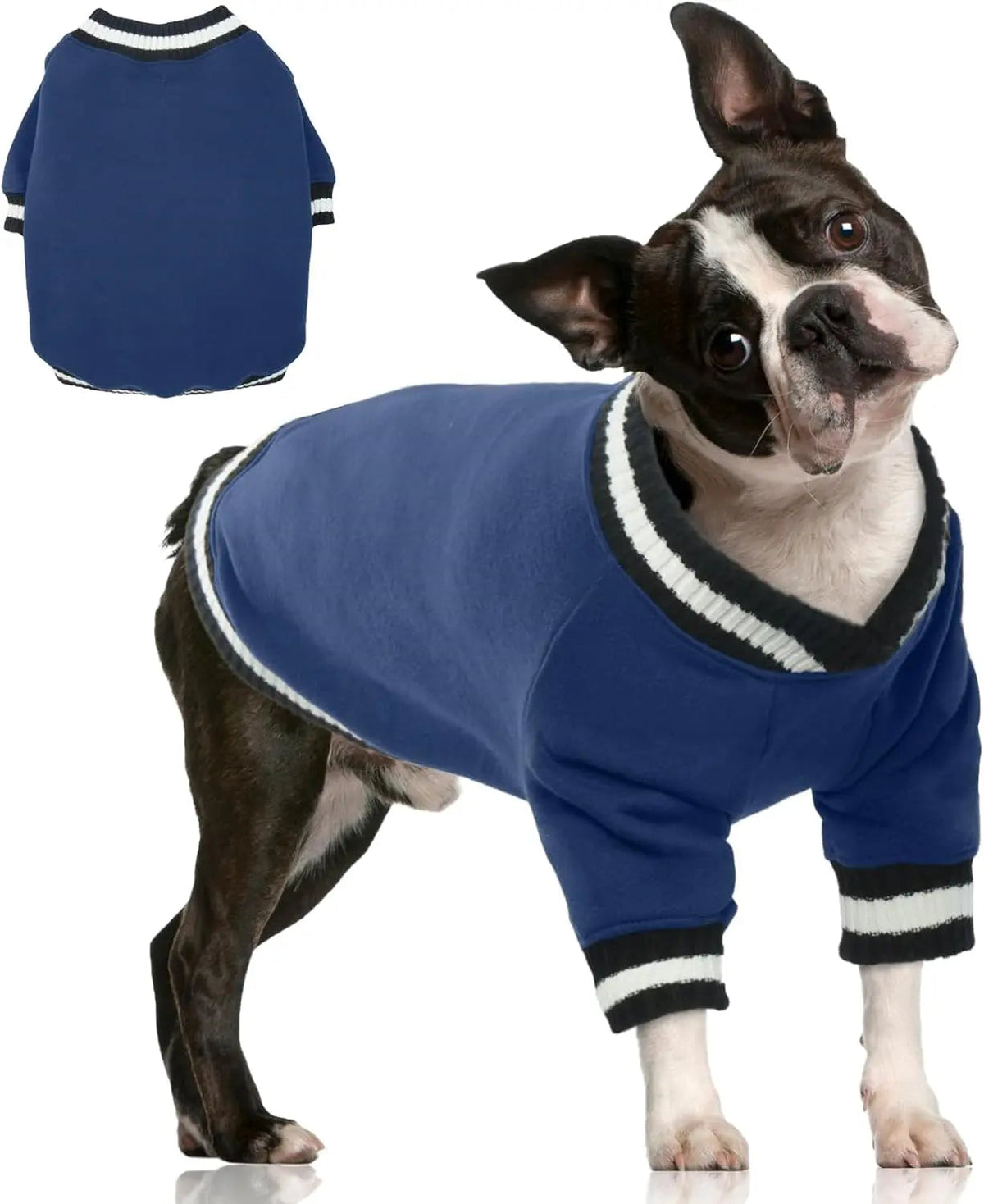 Blue dog winter fleece pullover hoodie with black and white striped rib trim