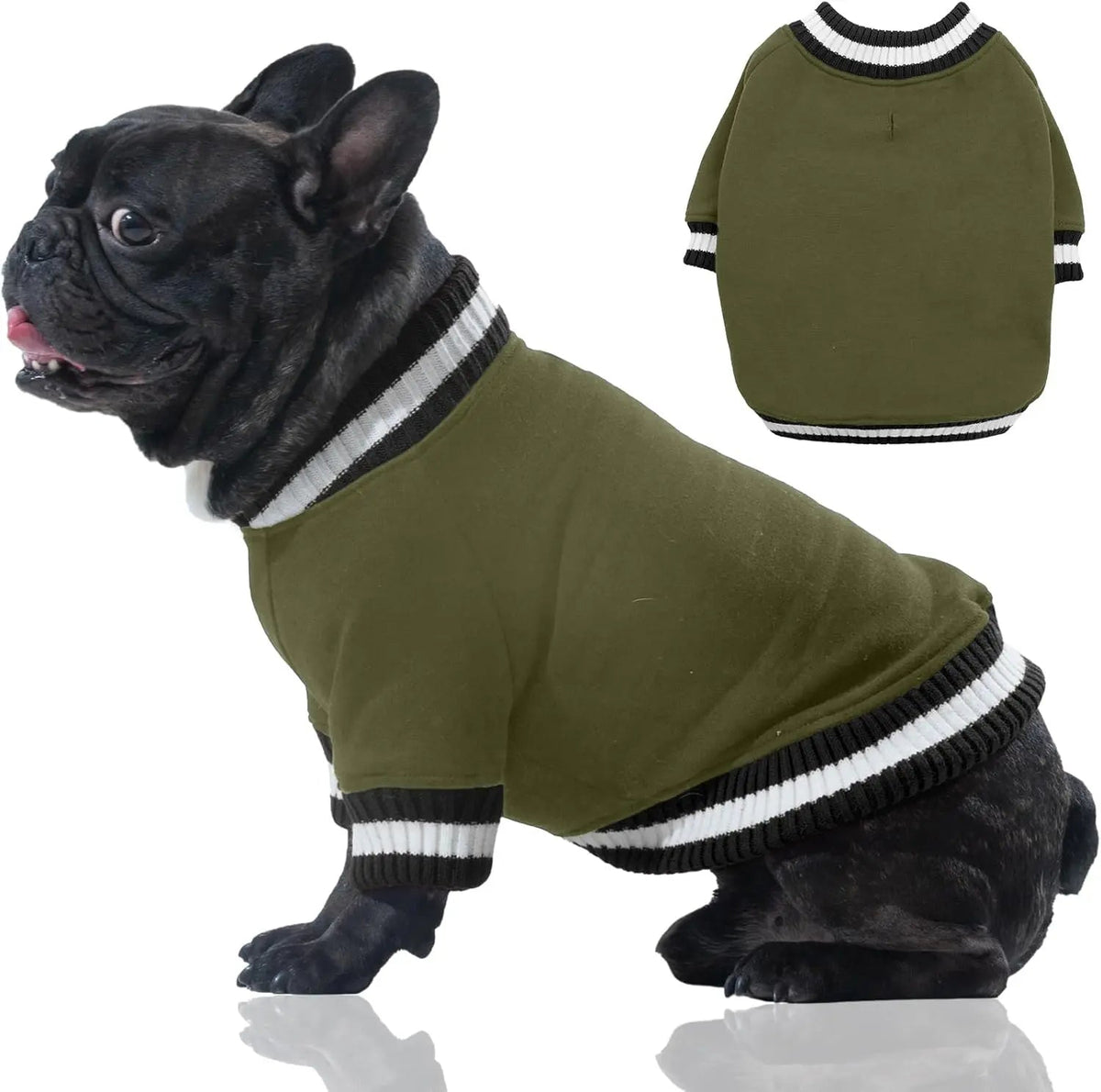 Olive green dog fleece pullover with ribbed striped neckline and cuffs