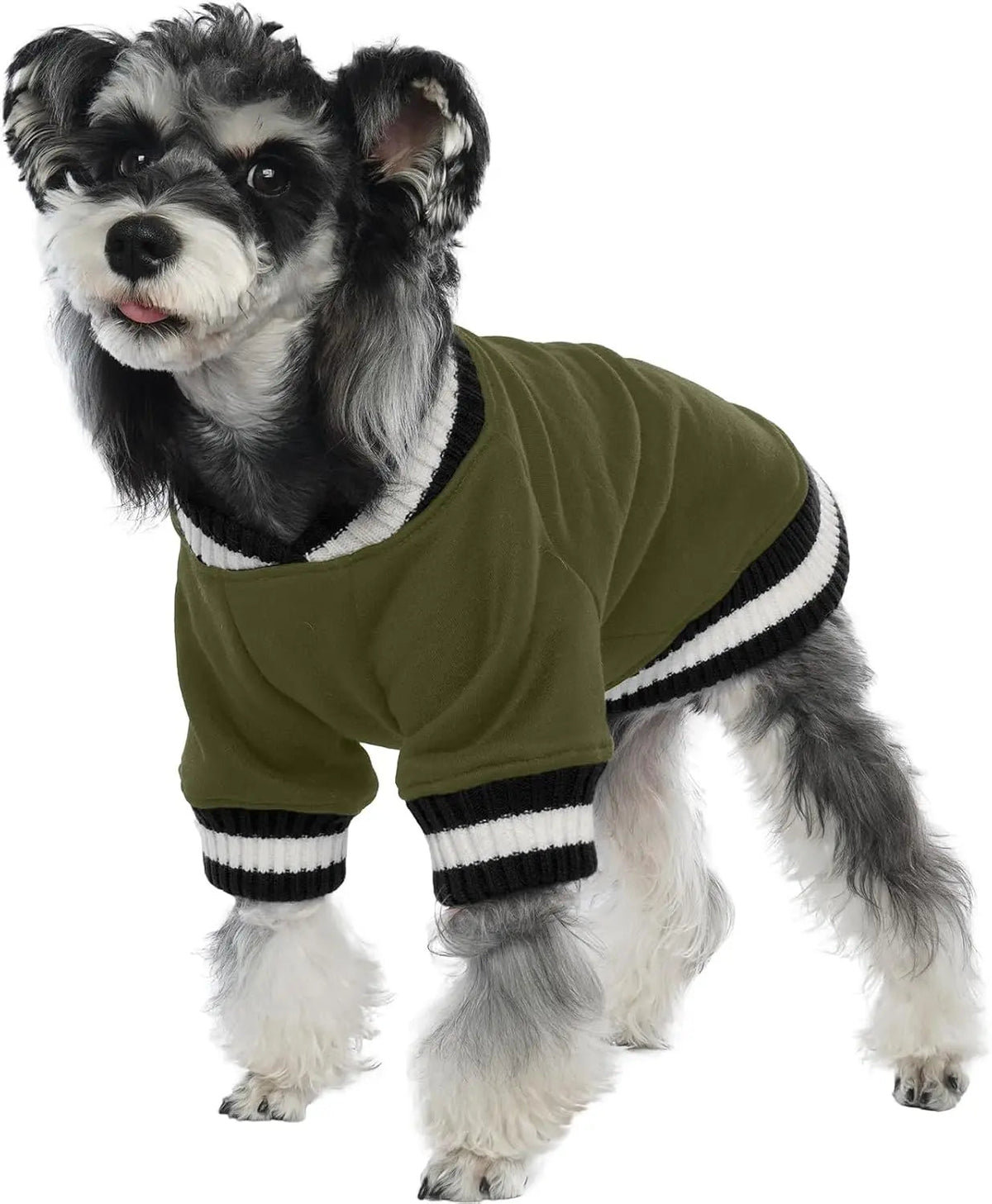 Olive green dog fleece pullover with ribbed striped neckline and sleeve cuffs