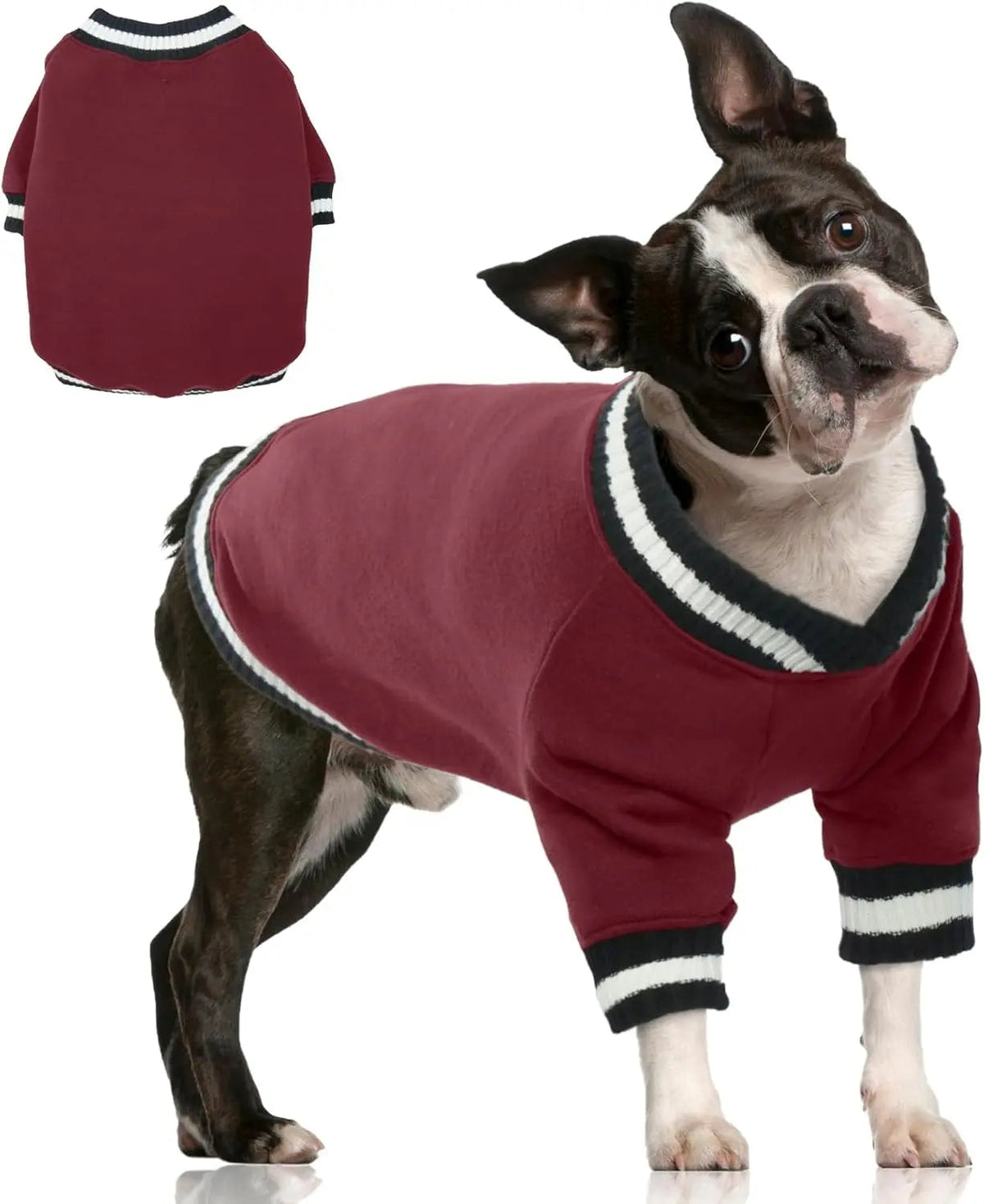 Wine-red dog fleece pullover with ribbed striped neckline and cuffs