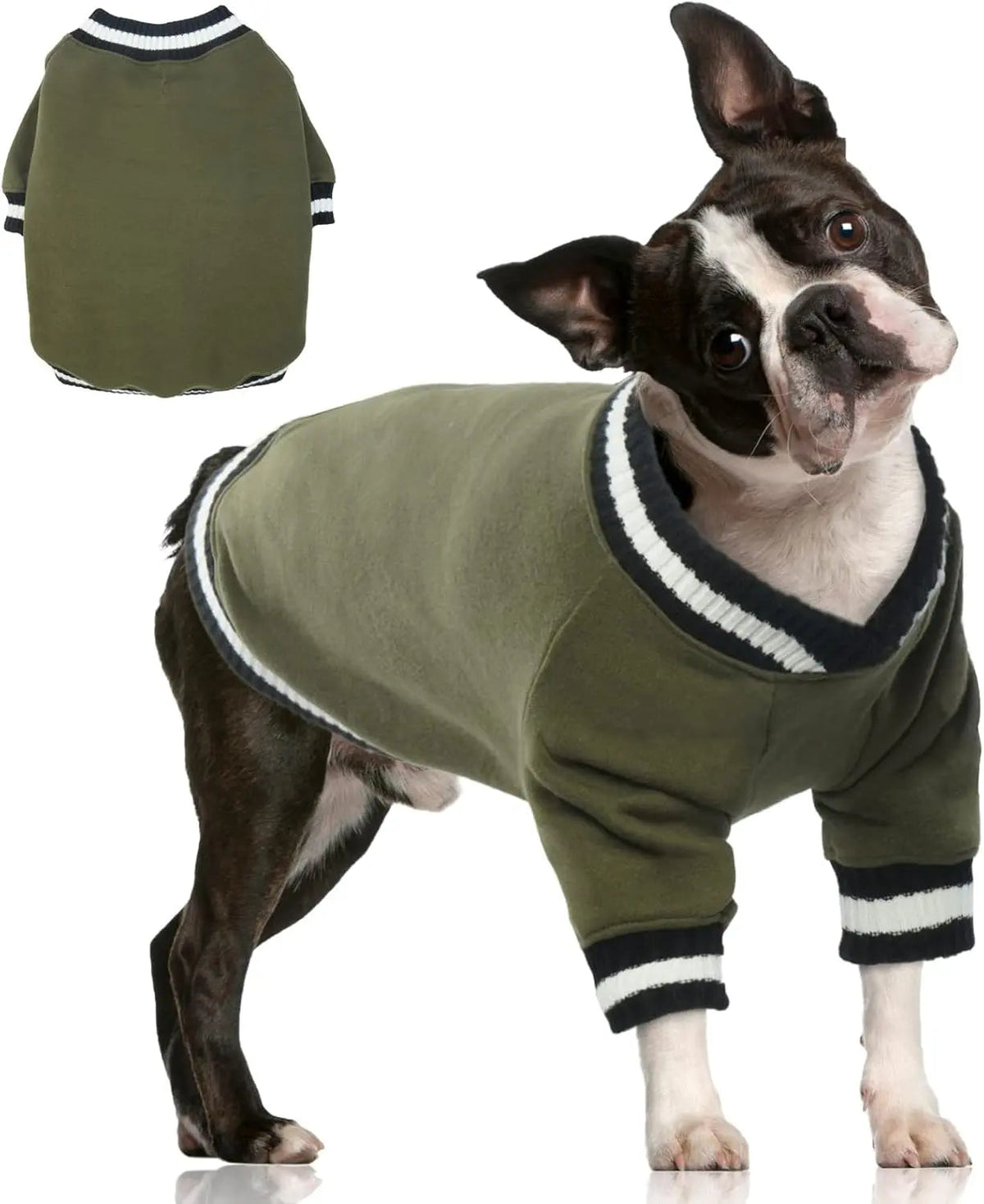 Olive green dog fleece pullover with ribbed striped trim at neck and cuffs