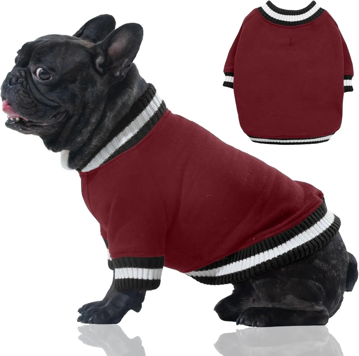 Wine-red dog fleece pullover with ribbed striped neckline and sleeve cuffs