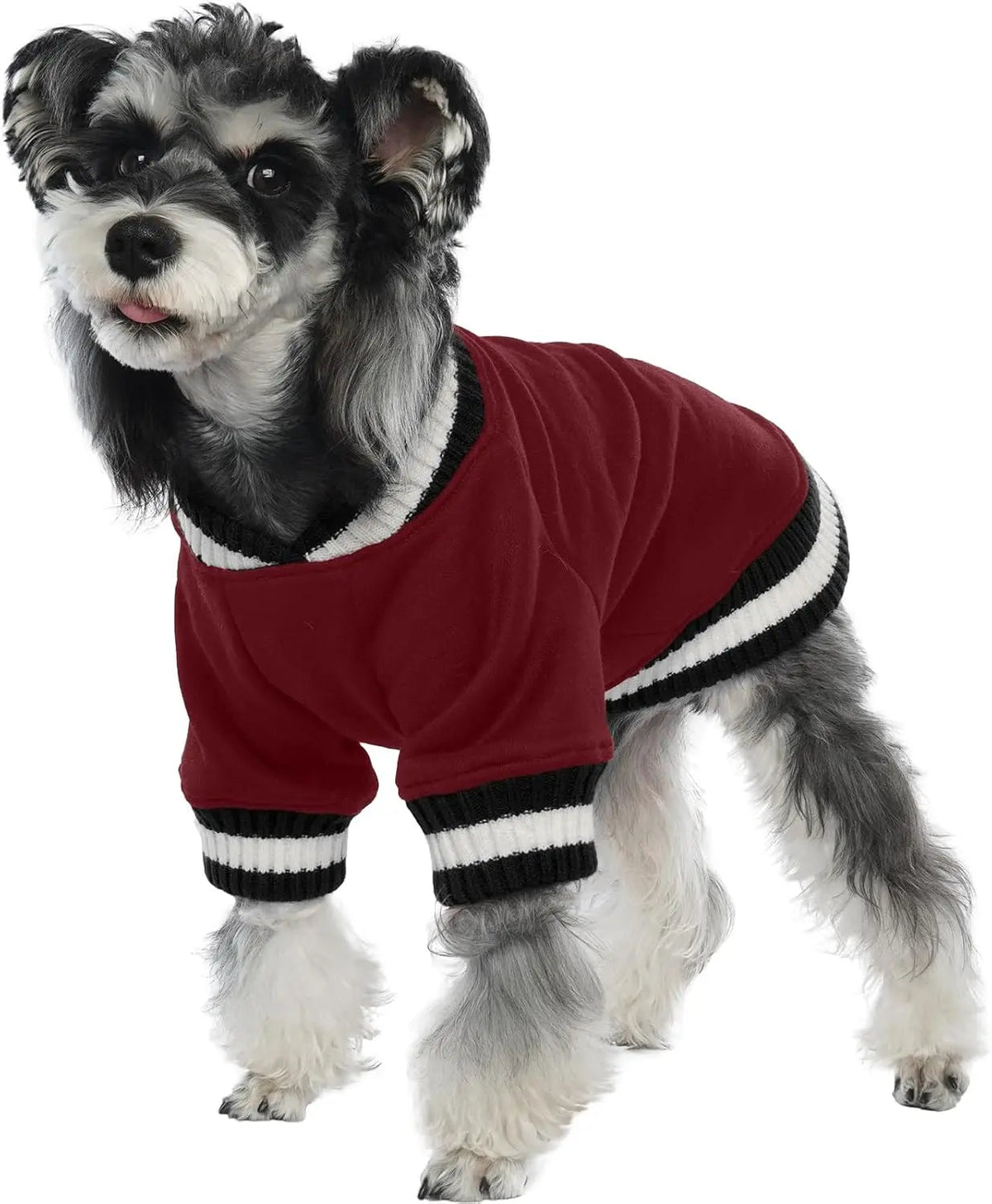 Wine-red dog fleece pullover with ribbed striped neckline and sleeve cuffs