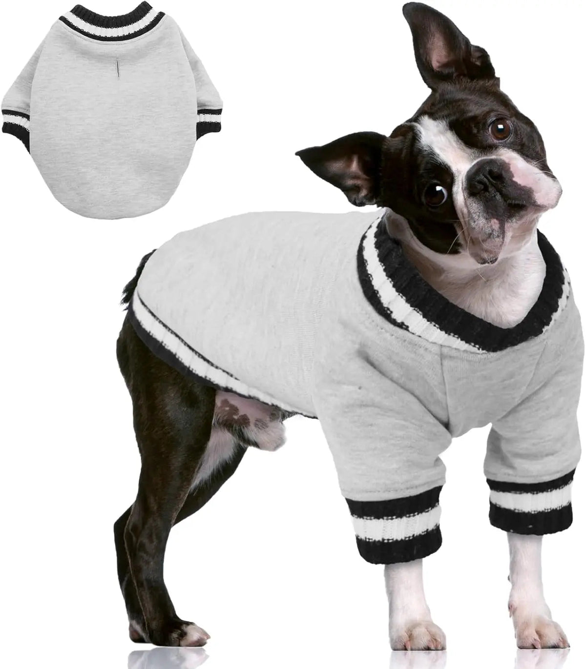 Light gray dog fleece pullover with ribbed striped trim at neck and sleeves