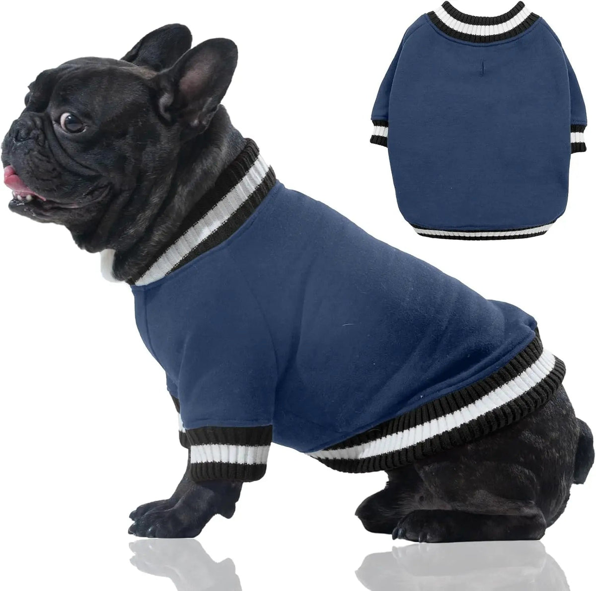 Navy blue dog fleece pullover with ribbed striped neckline and cuffs