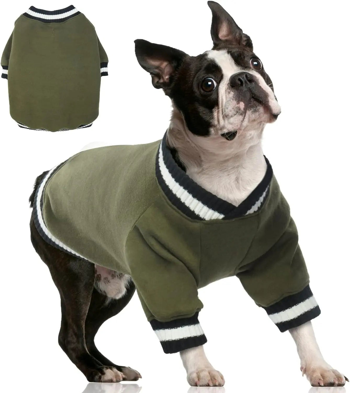 Olive green dog fleece pullover with ribbed striped neckline and sleeve cuffs