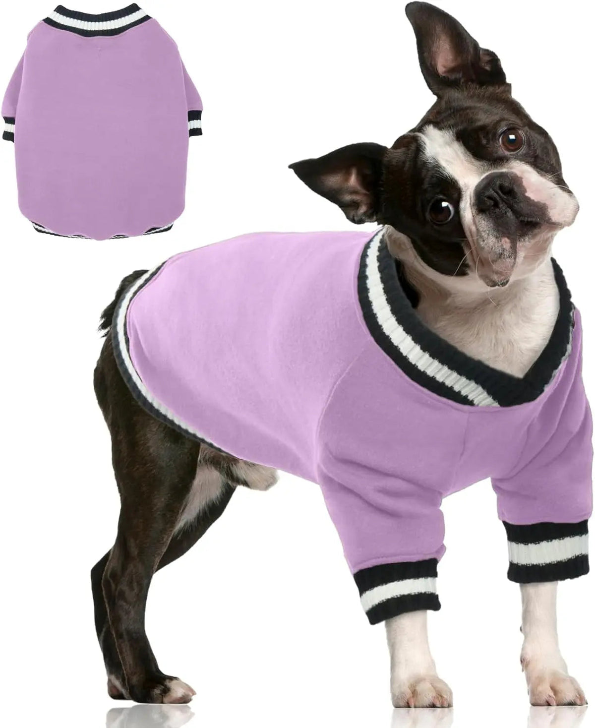 Lavender dog fleece pullover hoodie with striped ribbed collar and cuffs