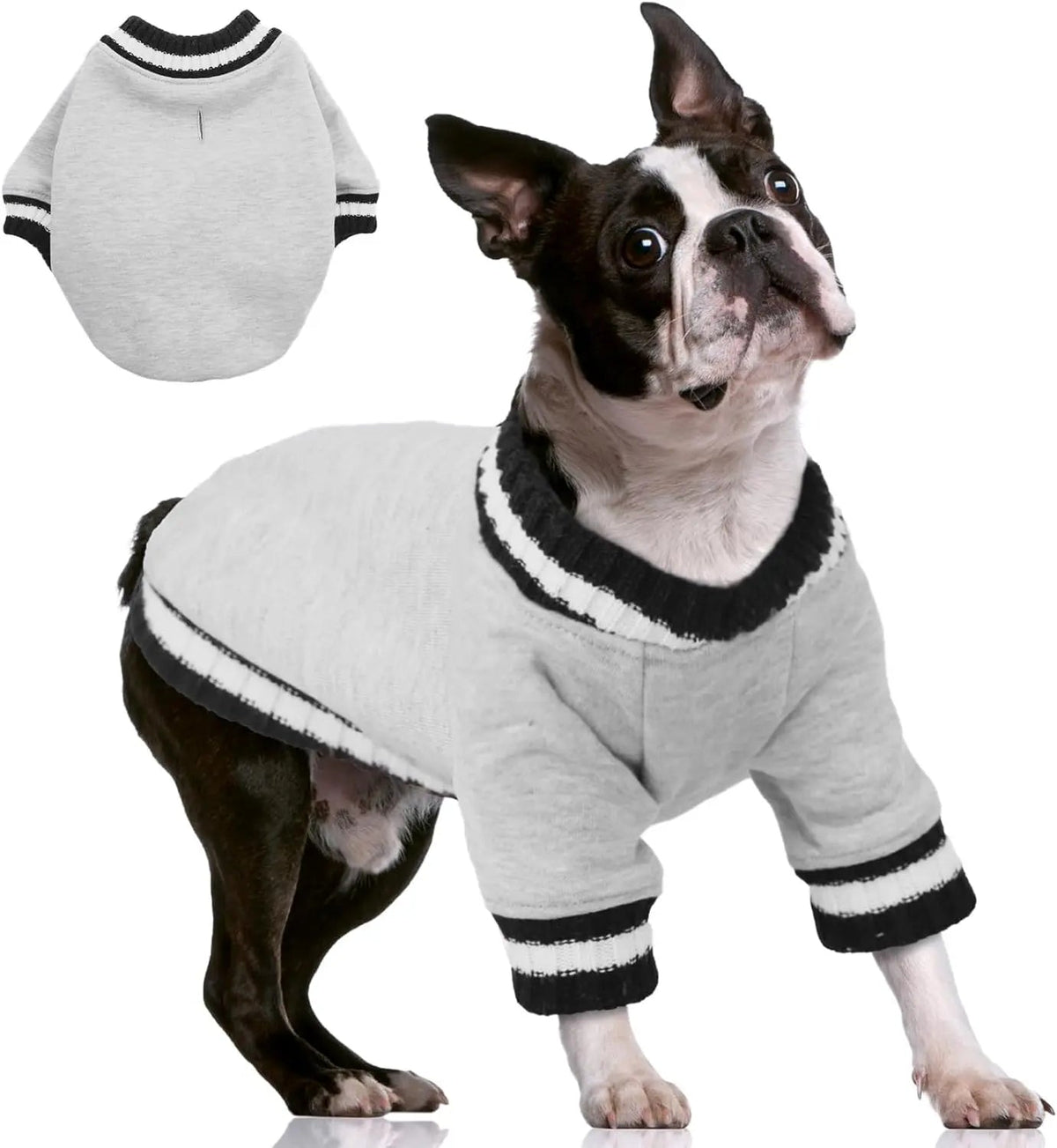 Grey dog fleece pullover hoodie with striped ribbed collar and cuffs