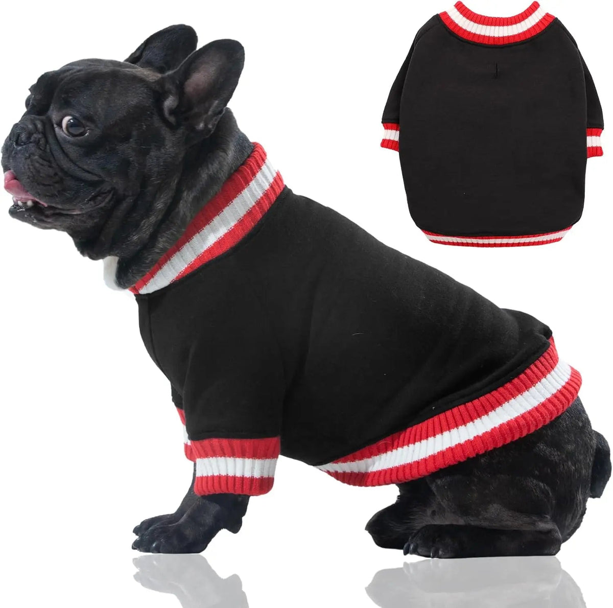 Black dog fleece pullover hoodie with red striped ribbed collar and cuffs