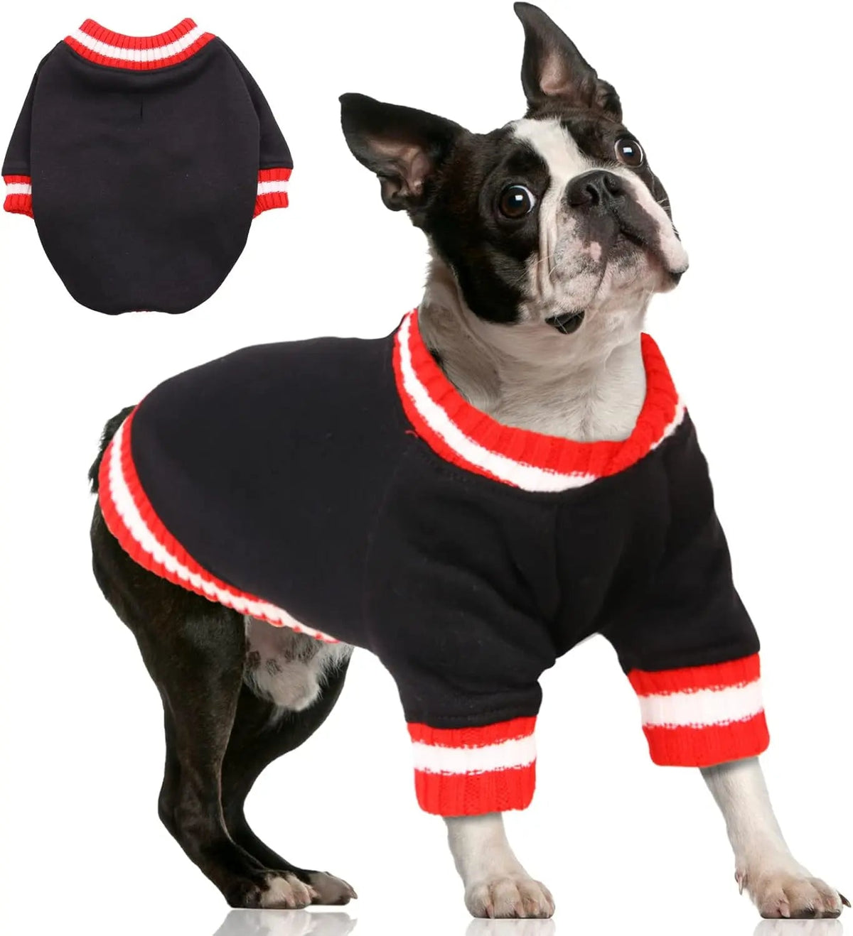 Black dog fleece pullover hoodie with red-and-white striped ribbed collar and cuffs