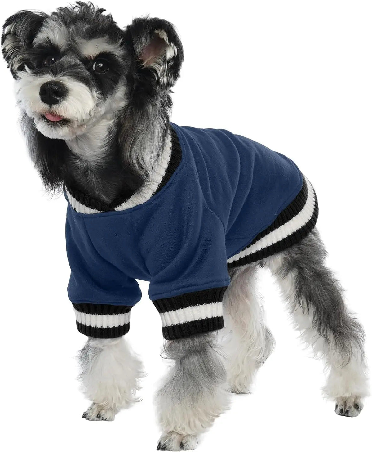 Blue dog fleece pullover hoodie with striped ribbed collar and cuffs