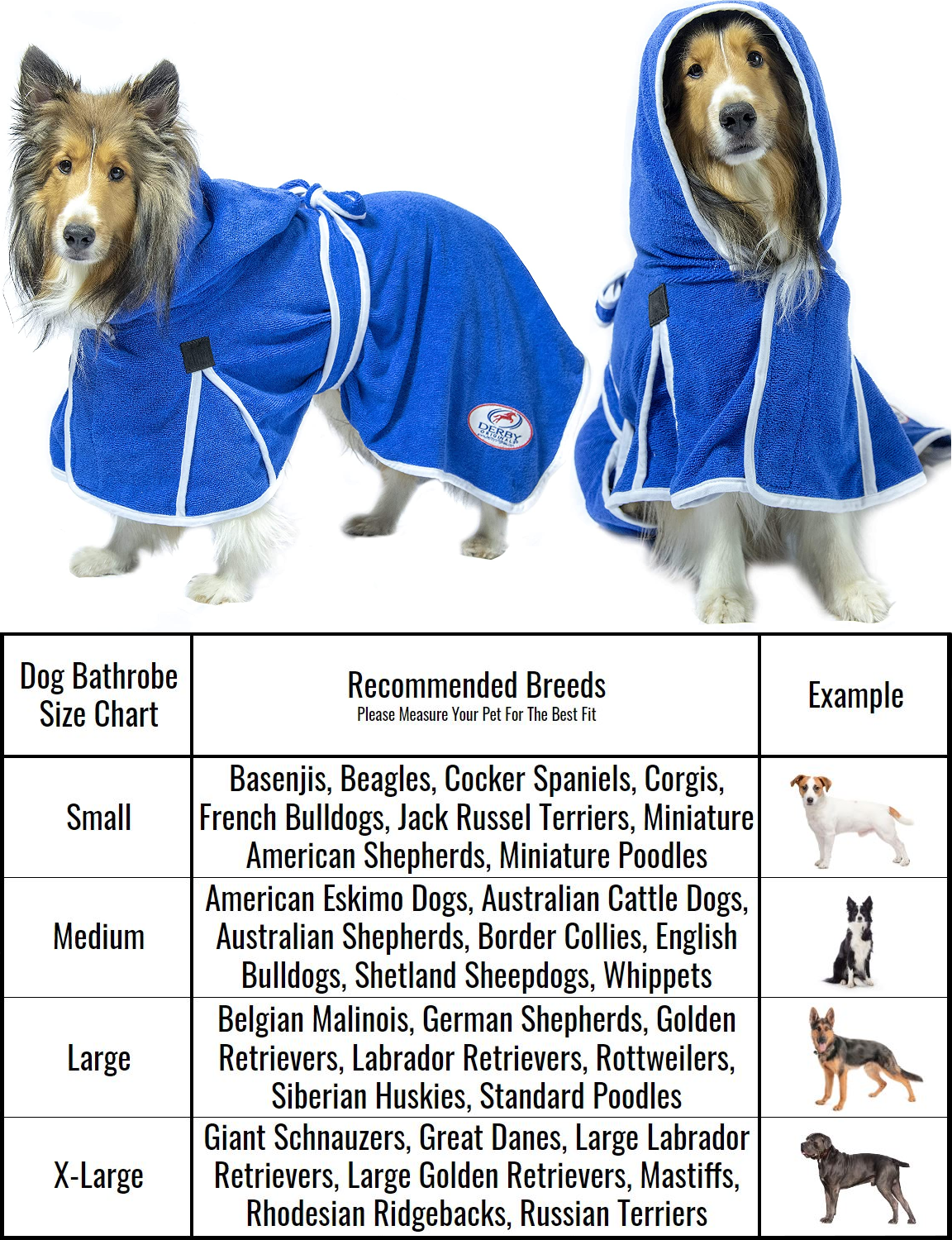 Dog bathrobe size guide with recommended dog breeds and example fit