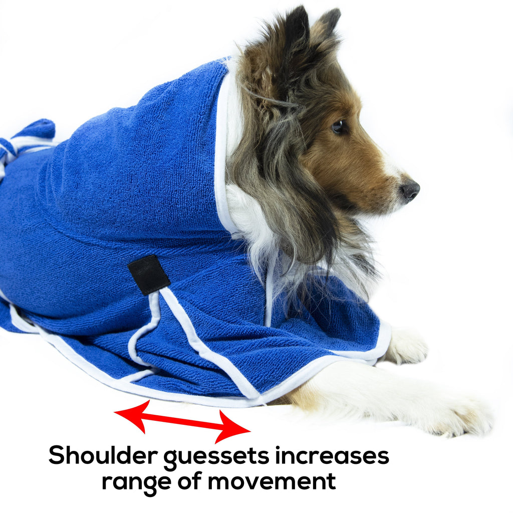 Blue dog bathrobe with hood and shoulder gussets for more movement range