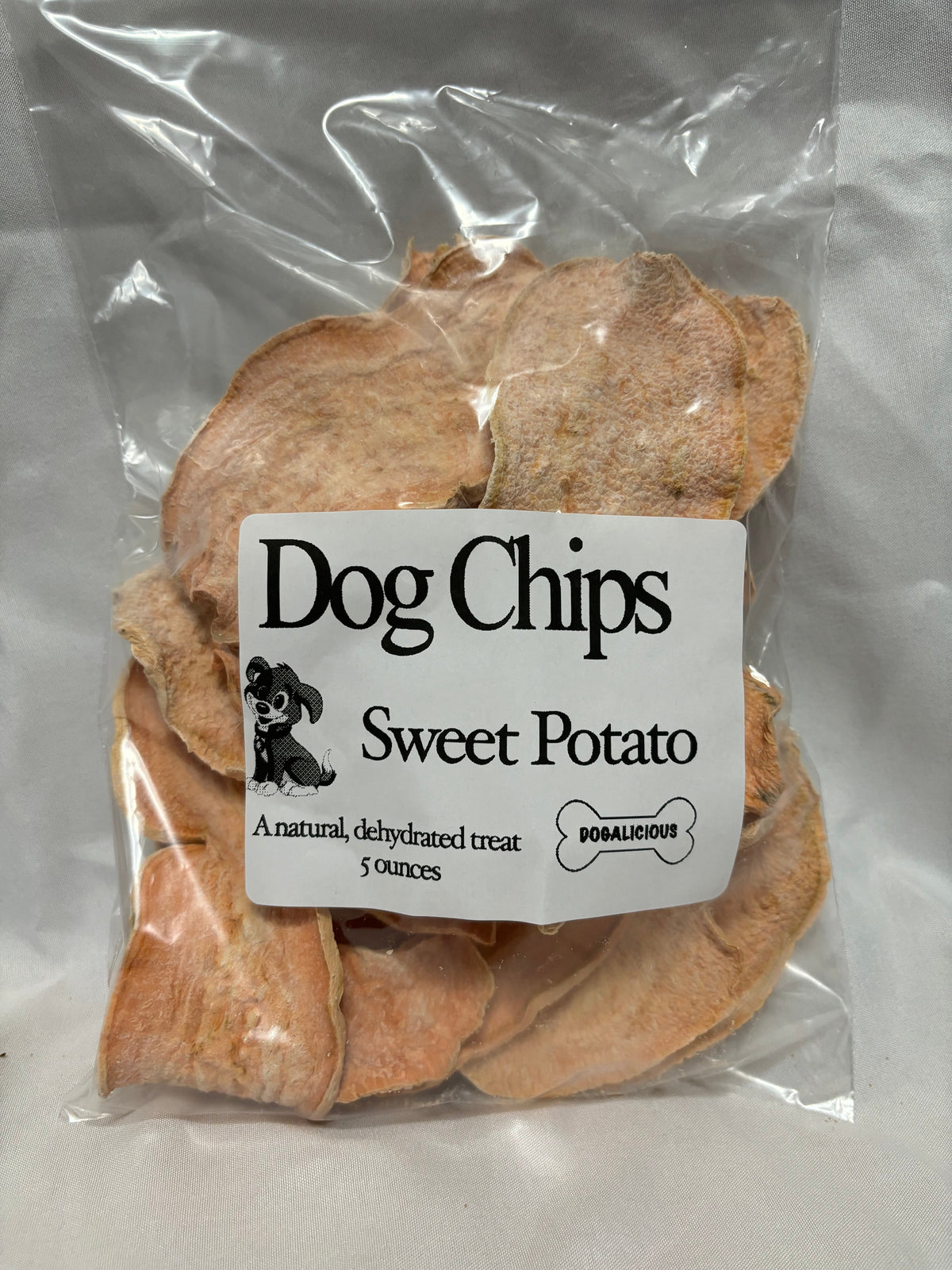 Dog Chips sweet potato dog treats in a clear pouch