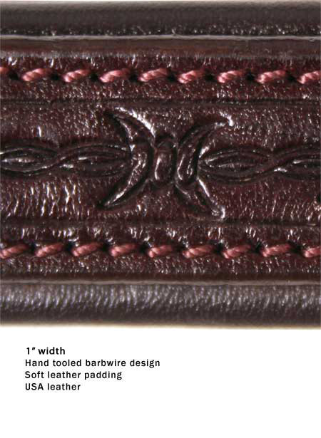 Brown leather collar close-up: embossed barbed-wire tooling with red stitching