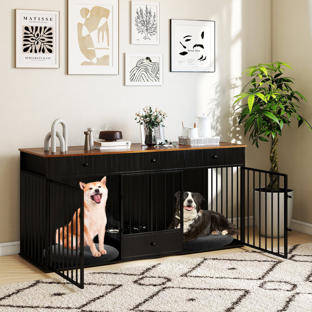 Black dog crate furniture with vertical bars, two dogs inside, and wide countertop