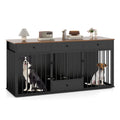 Black modern dog crate cabinet with divider, two dogs inside, and drawers on top