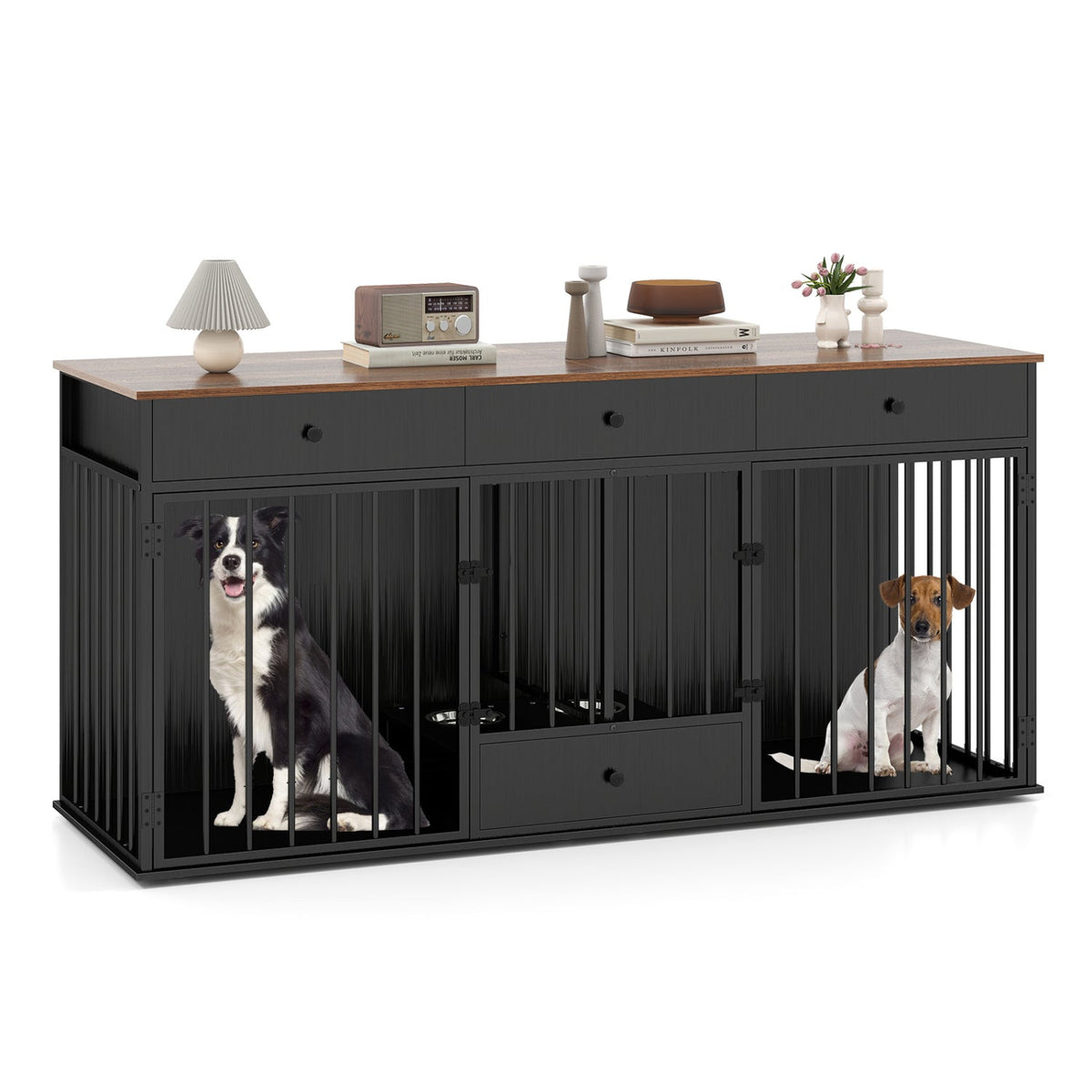 Black modern dog crate cabinet with divider, two dogs inside, and drawers on top