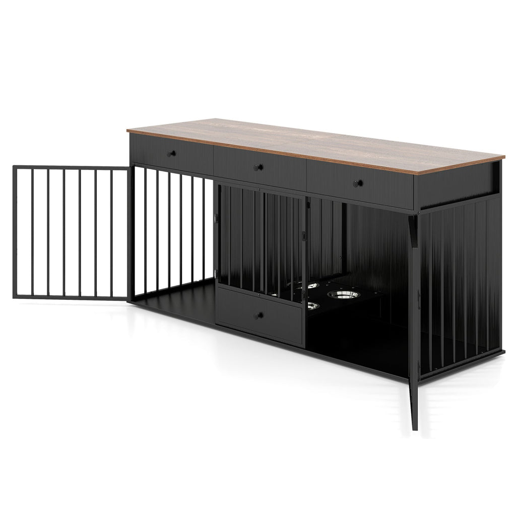 Black dog crate cabinet with vertical bars, side view, and pull-out feeder drawer