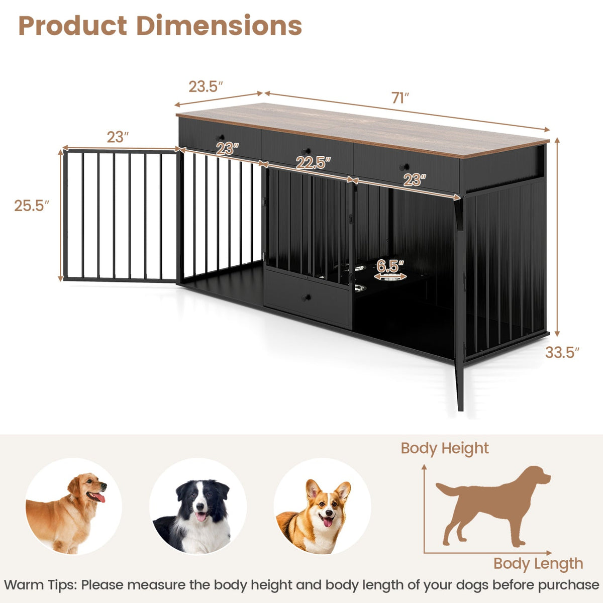 Black dog crate furniture dimensions diagram with vertical-bar enclosure and drawers