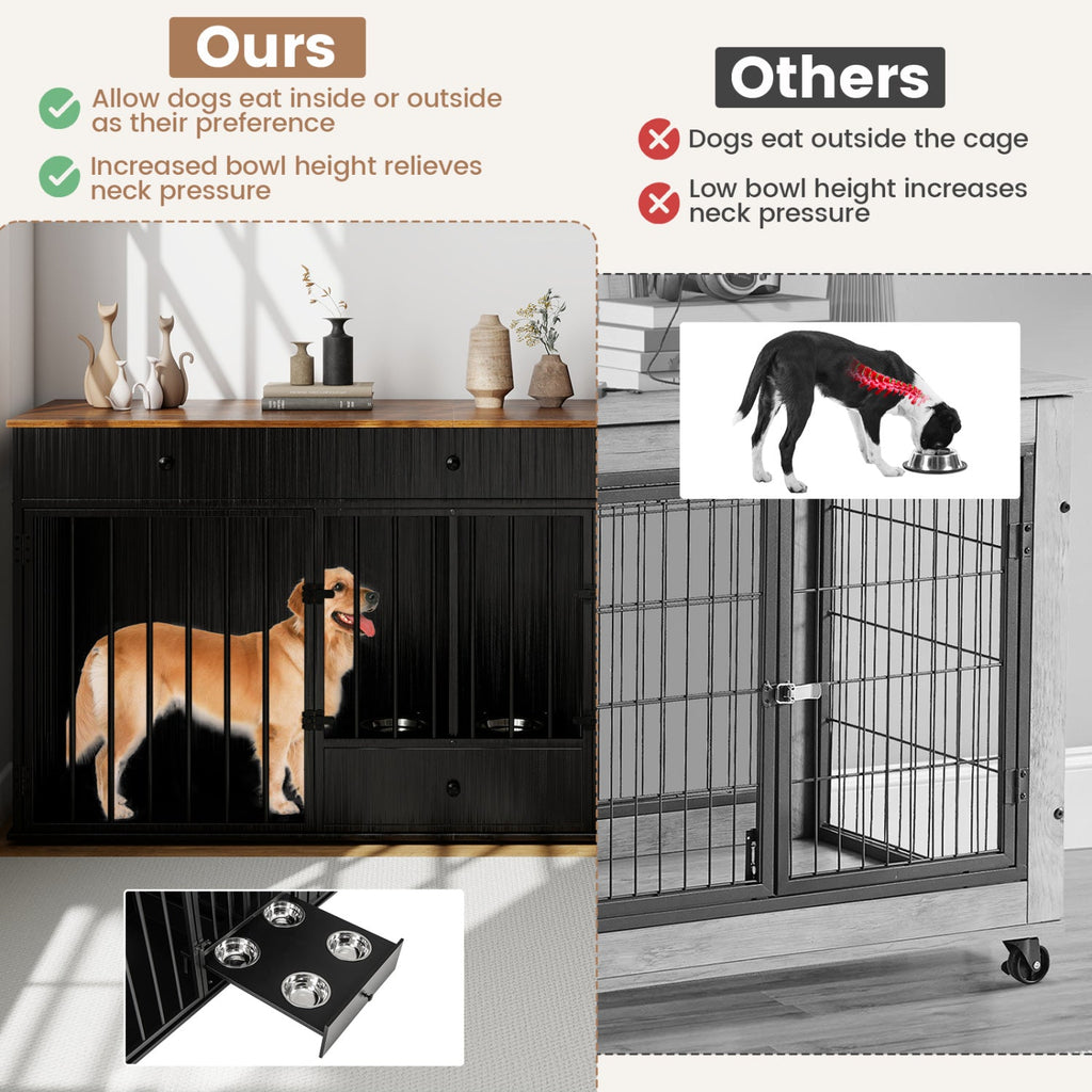Black dog crate with divider and pull-out feeder tray, shown in open-door view