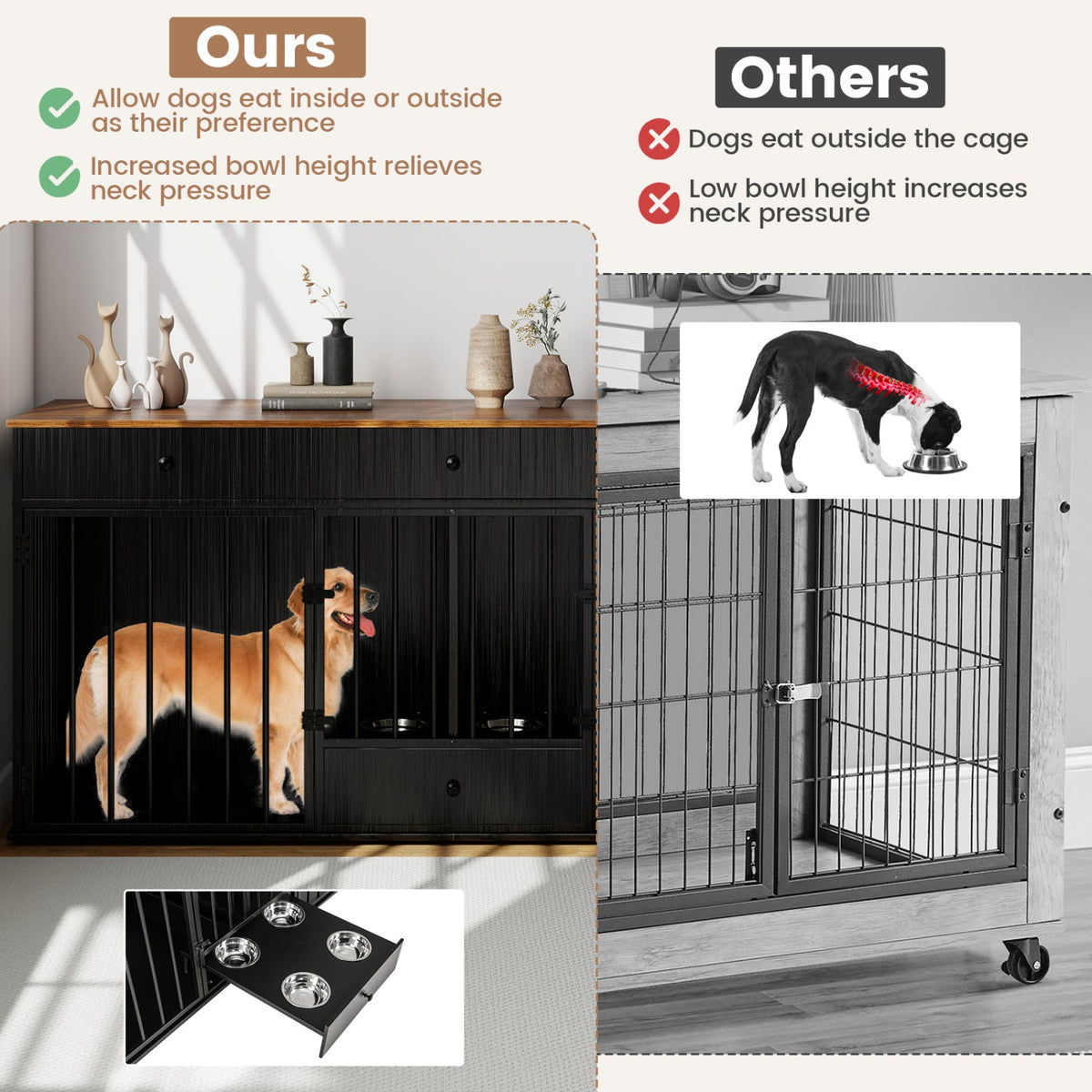 Black dog crate with divider and pull-out feeder tray, shown in open-door view