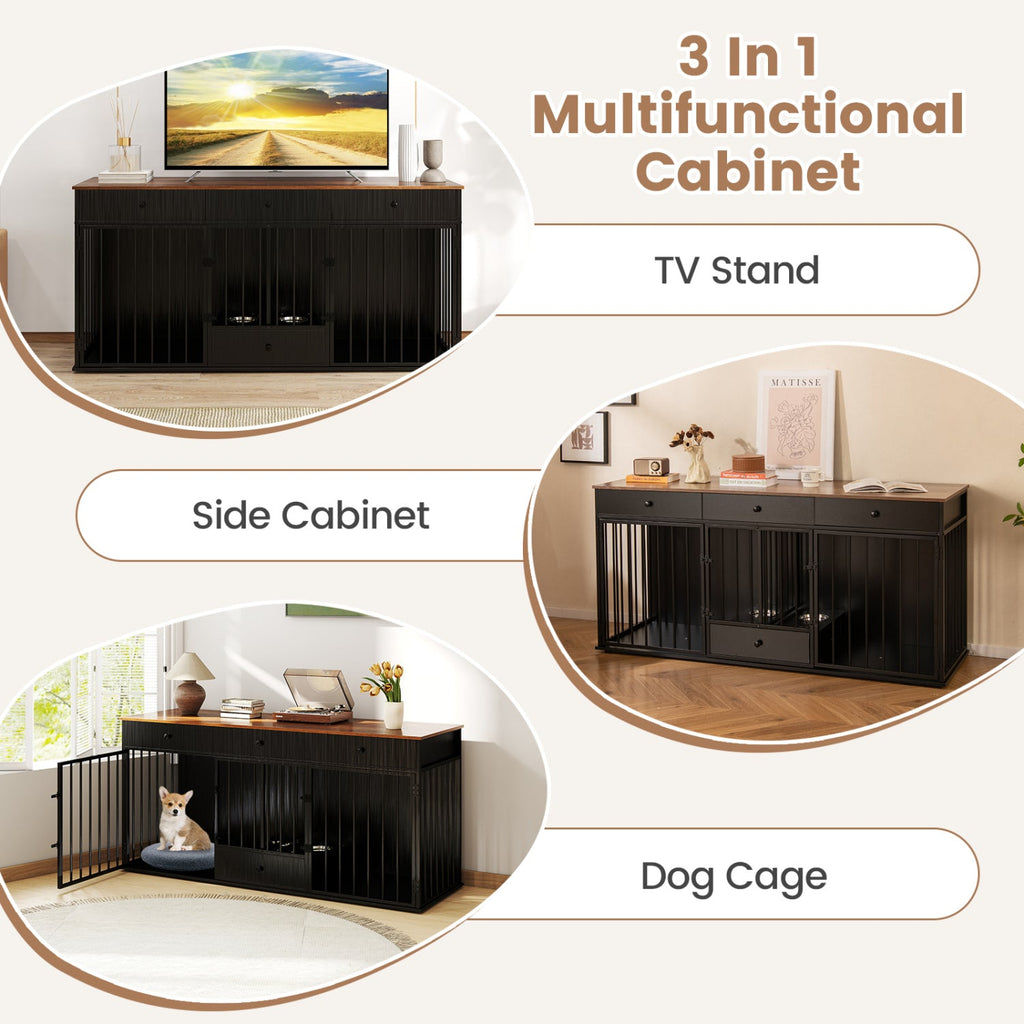 Black multi-function cabinet outline with enclosed dog cage and side storage unit
