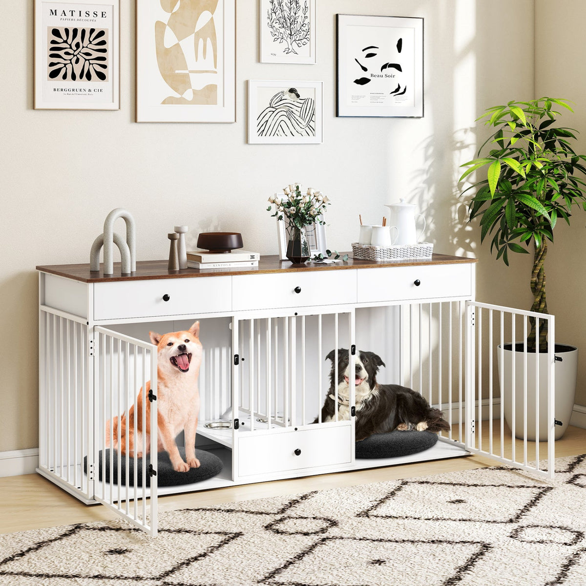 White modern dog crate cabinet with vertical bars, two dogs inside, and storage drawers