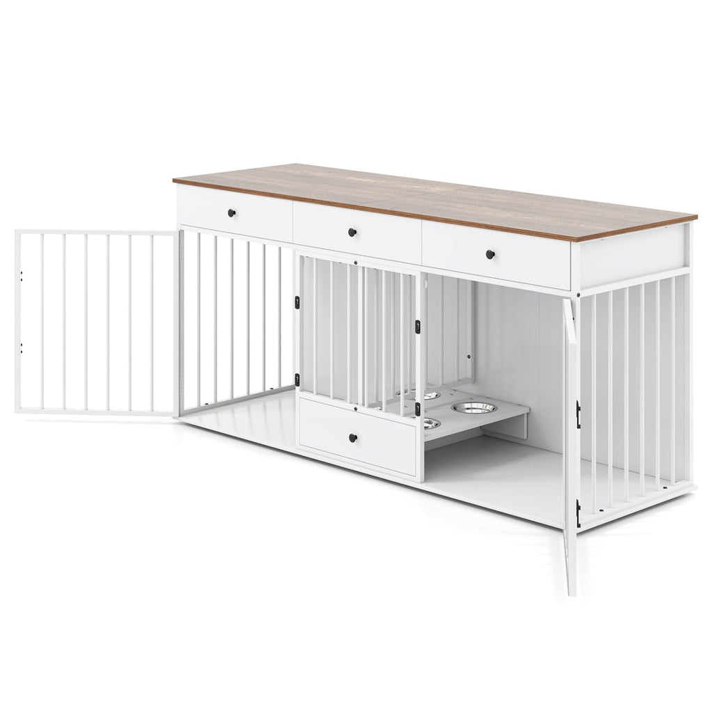 White indoor dog crate furniture with wood top, open drawer, and metal-bar kennel