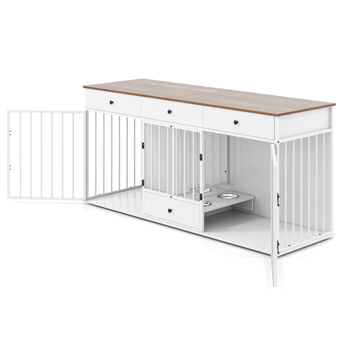 White indoor dog crate furniture with wood top, open drawer, and metal-bar kennel