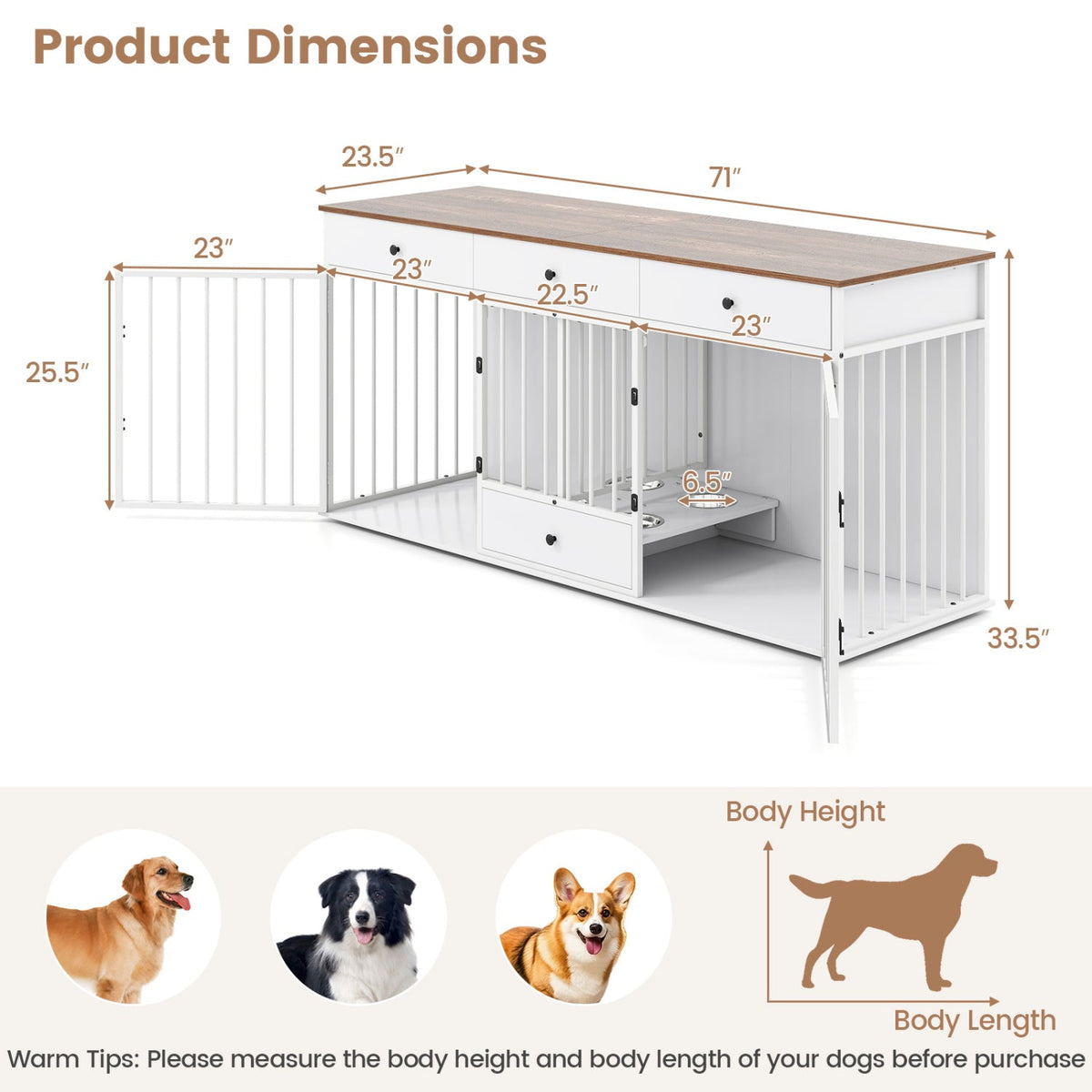 White dog kennel cabinet with wood top, front door open, and pull-out feeder tray