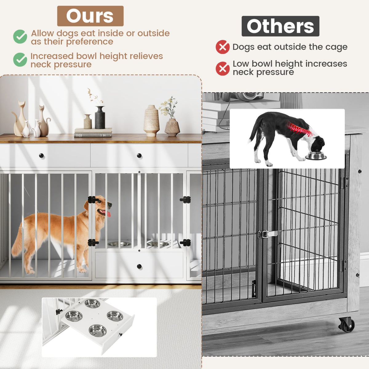 White dog crate furniture with divided metal-bar enclosure and storage drawers below