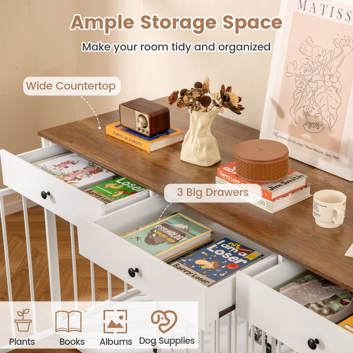 White dog crate cabinet with wood top and three spacious drawers for storage