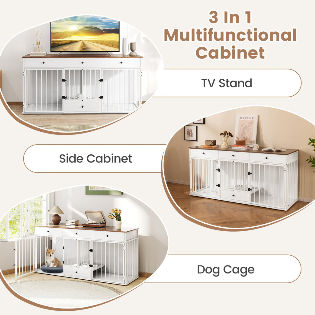 White multifunction dog crate cabinet with wood top, side storage, and metal-bar cage