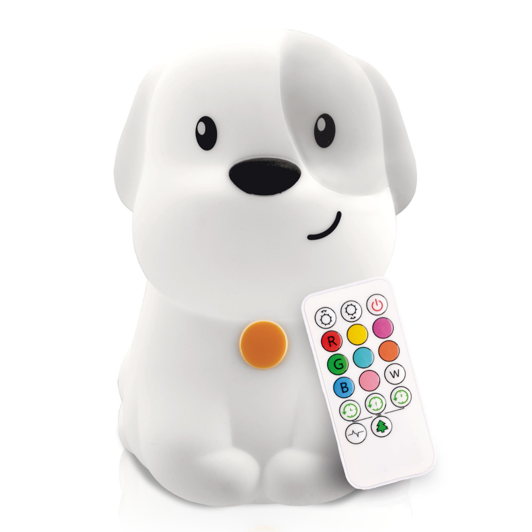 White LumiPets puppy night light with orange button and remote control