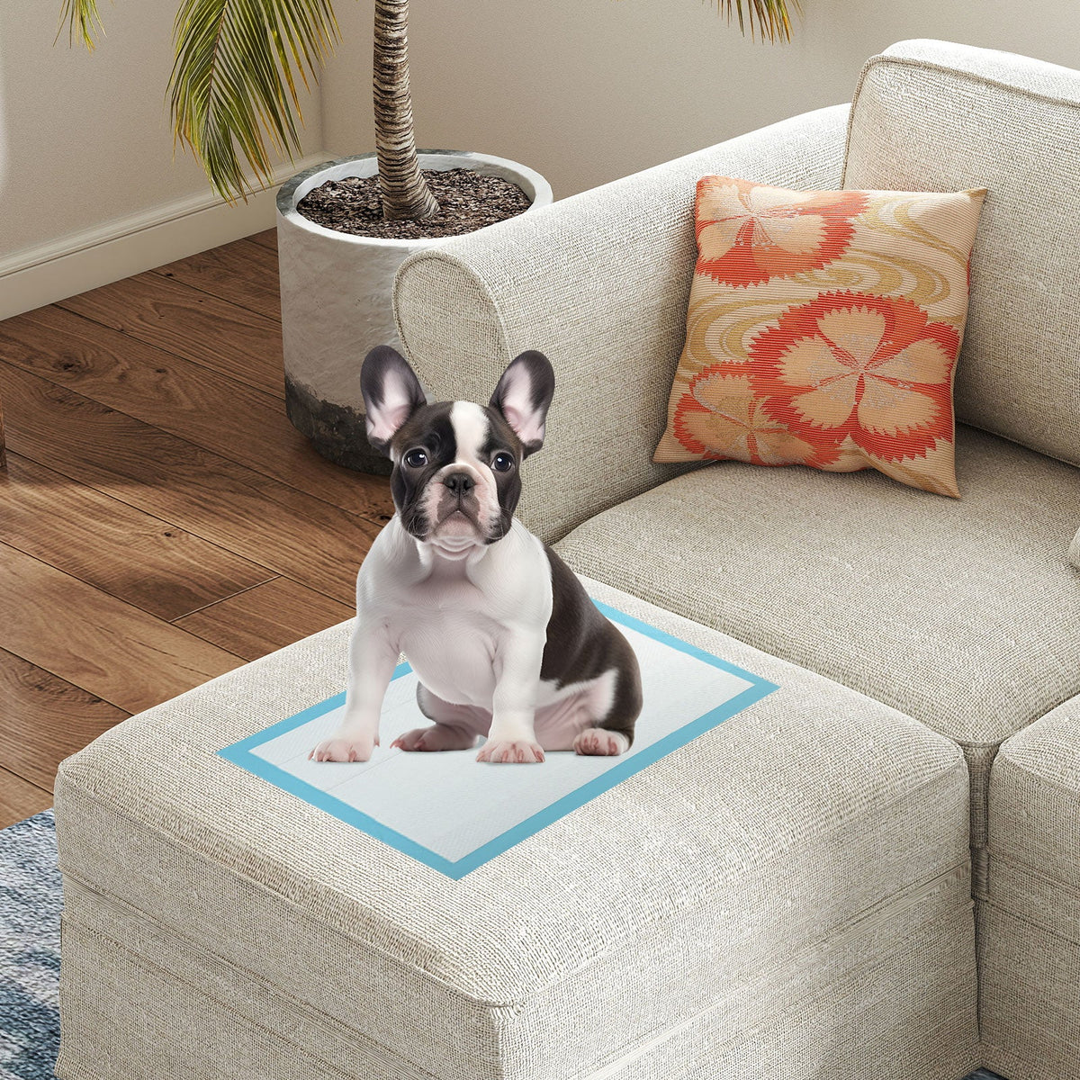 Blue dog pee pad on couch area with small puppy standing on the pad