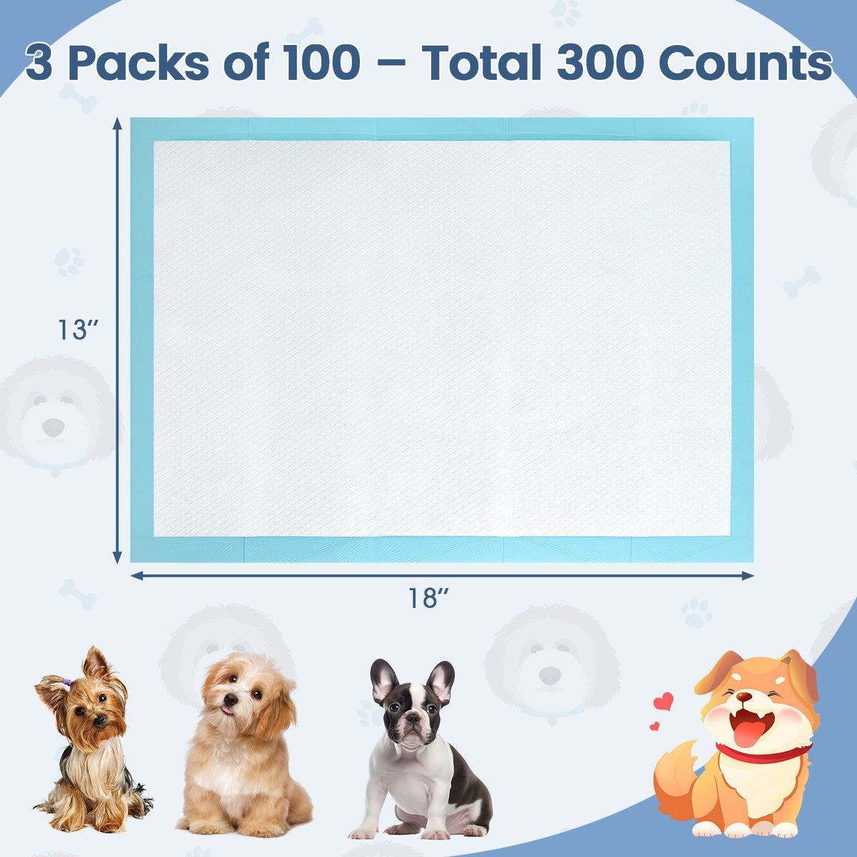 Set of blue dog pee pads shown with 18 x 13 in size outline
