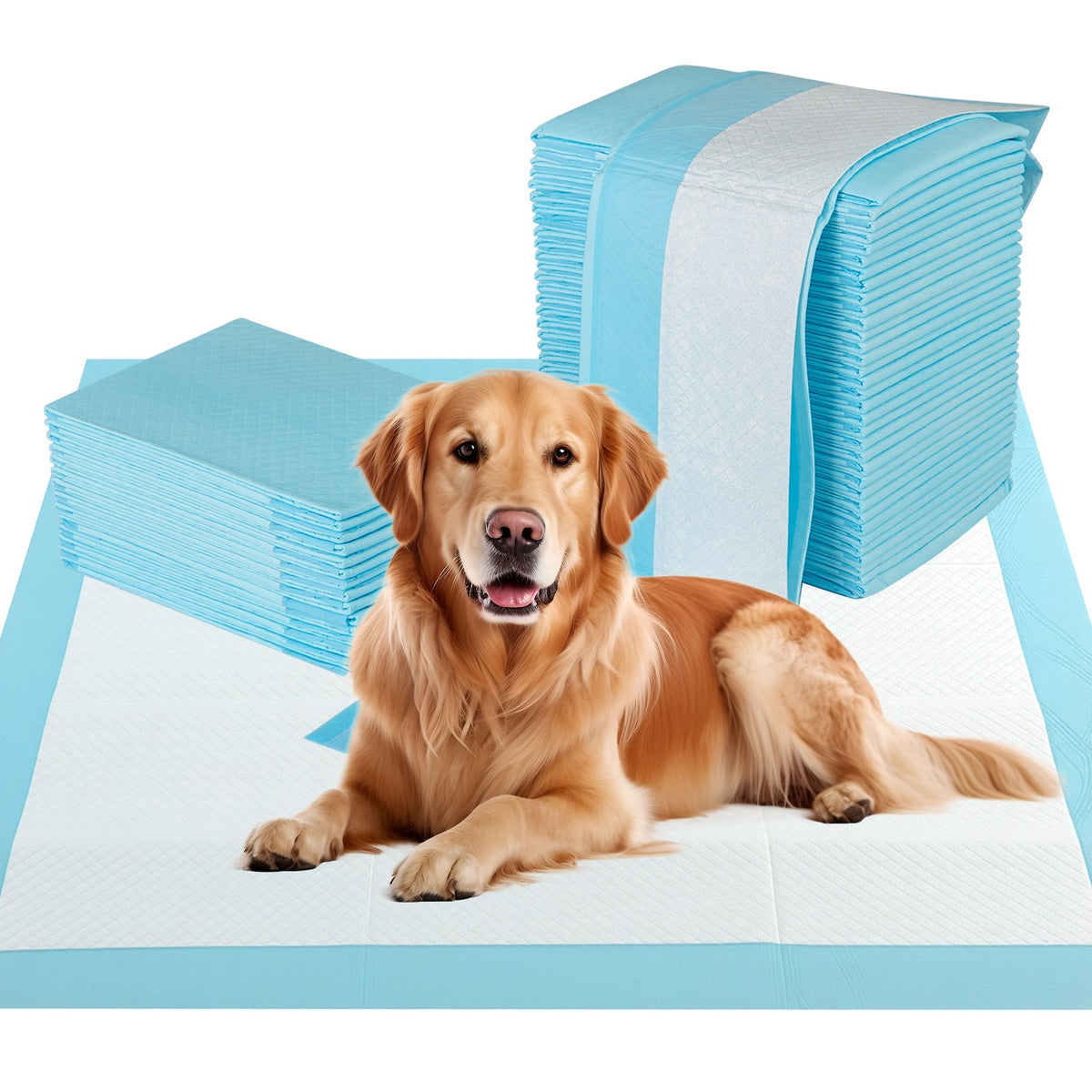 Blue and white layered potty pad for dogs, shown with stacked pads
