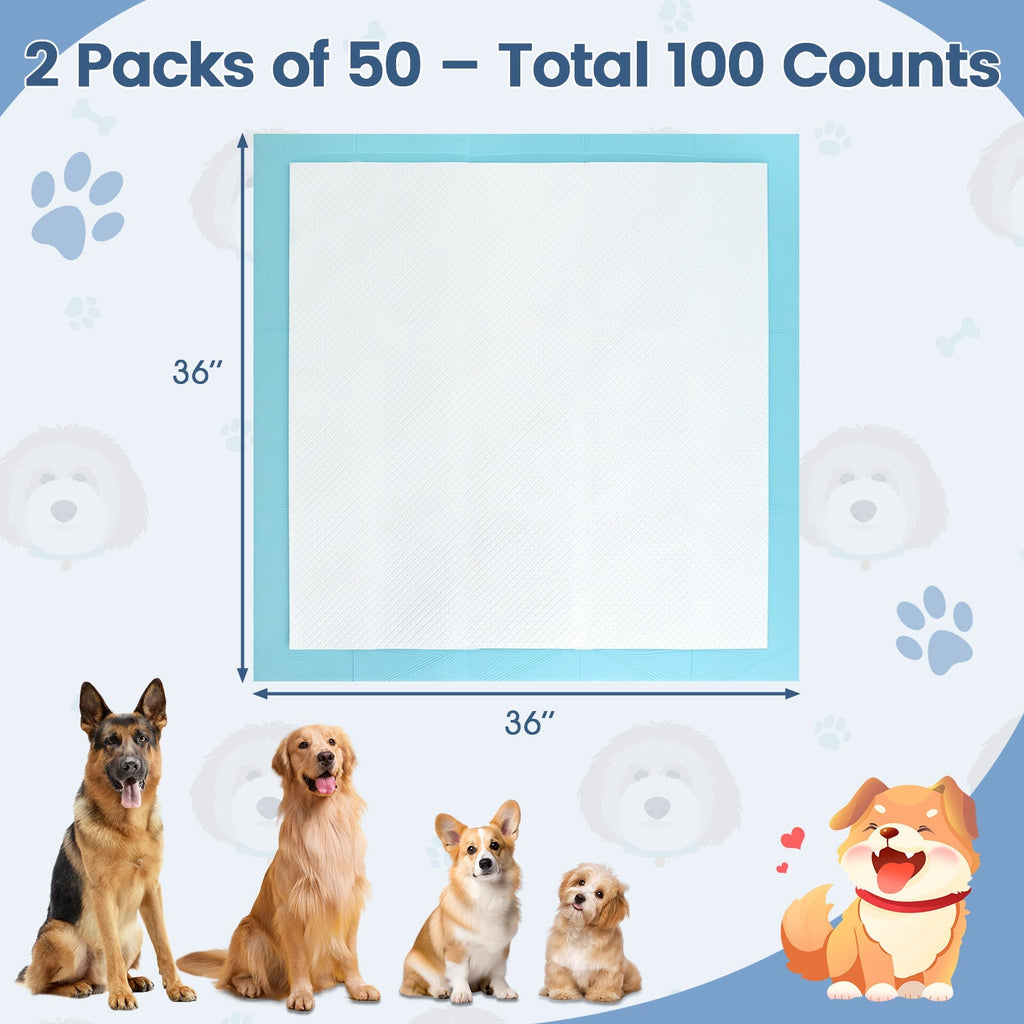 Dog potty training pad set: 2 packs of 50, 36 in x 36 in each