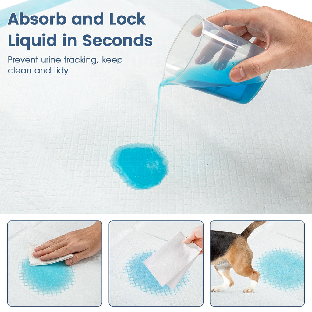 Absorb-and-lock dog potty pad soaking up liquid quickly, with gel shown