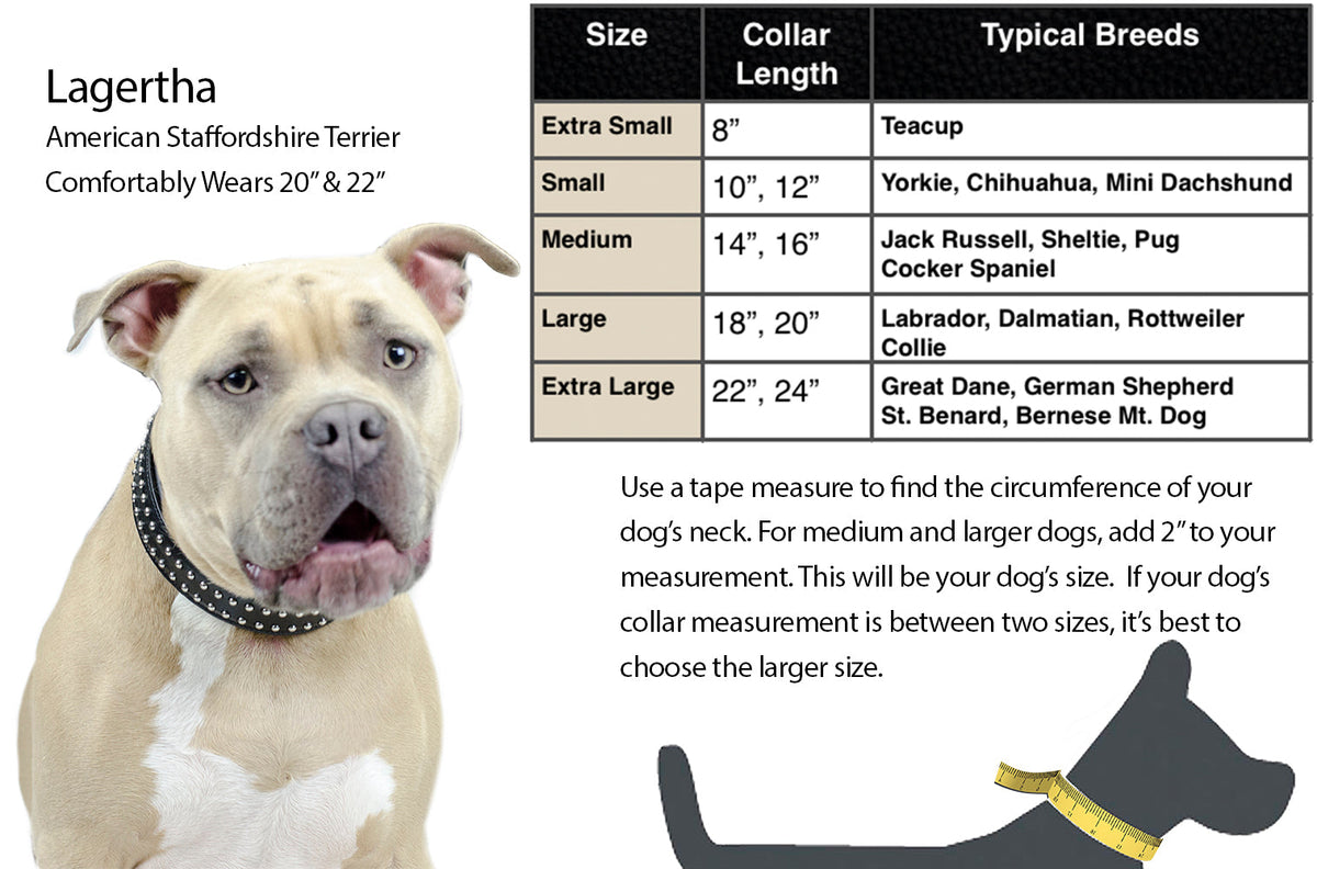 Dog collar size chart for Lagertha, collar lengths by breed size