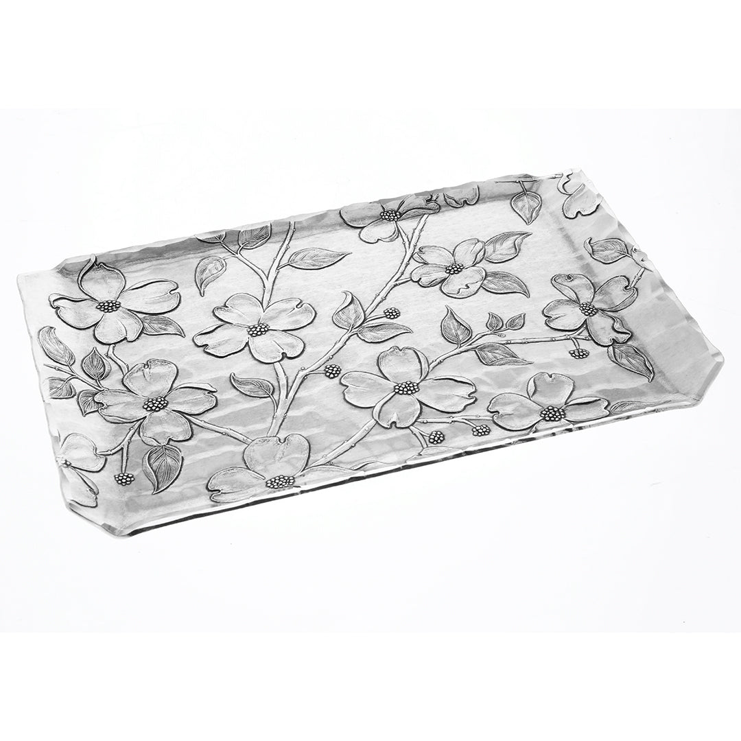 Butler tray with gray floral line art and ornate raised border