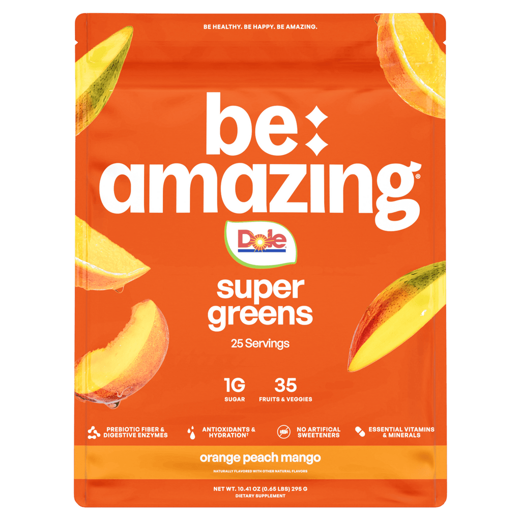 Super Greens pouch, orange peach mango flavor, 25 servings, be amazing label