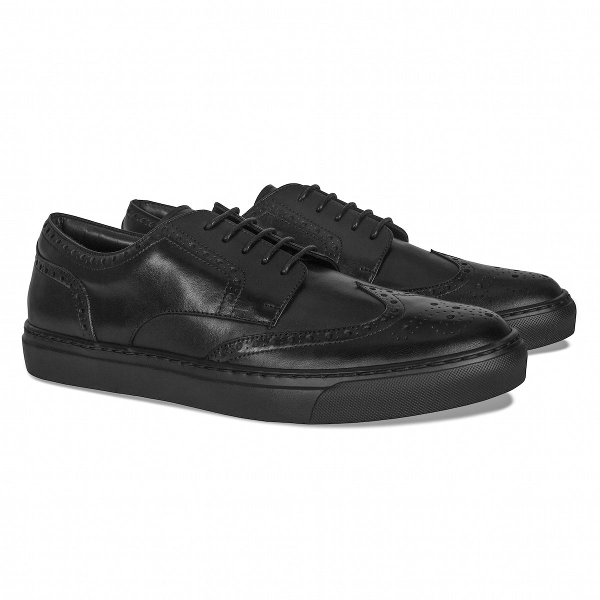 Black wingtip lace-up dress shoes with perforated toe and smooth panels