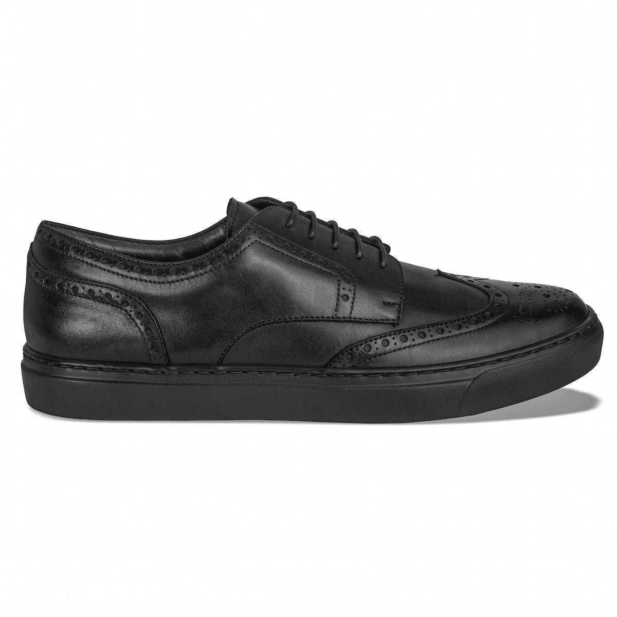 Black wingtip lace-up dress shoes with perforated detailing