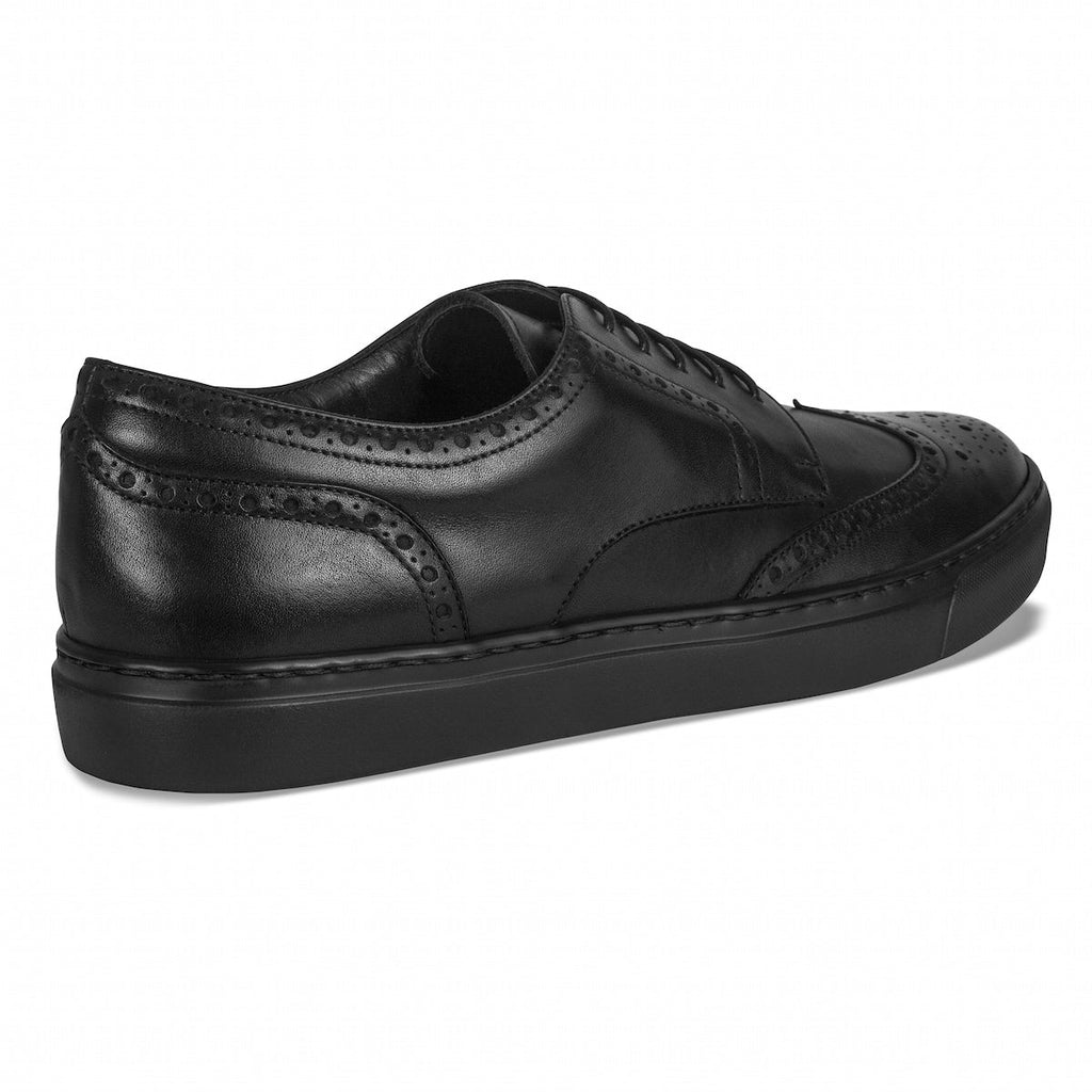 Black wingtip lace-up dress shoes with perforated quarter panels and laces